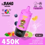 Bang Leader 450 000 caladas: combinación de sabores de melocotón helado, arándanos helados, caramelos arcoíris, limón, naranja ácida
