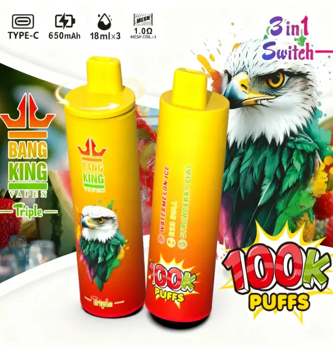 Vape desechable Bang King Triple de 100 000 caladas con sabores a sandía, Red Bull, fresa y kiwi - 100vaping