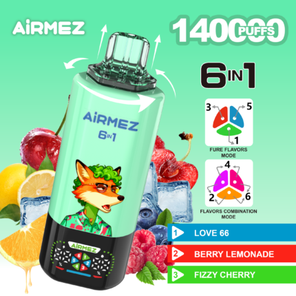 Airmez FOX 6 en 1, 140 000 caladas, sabor 1: Love 66, limonada de frutos del bosque, cereza efervescente