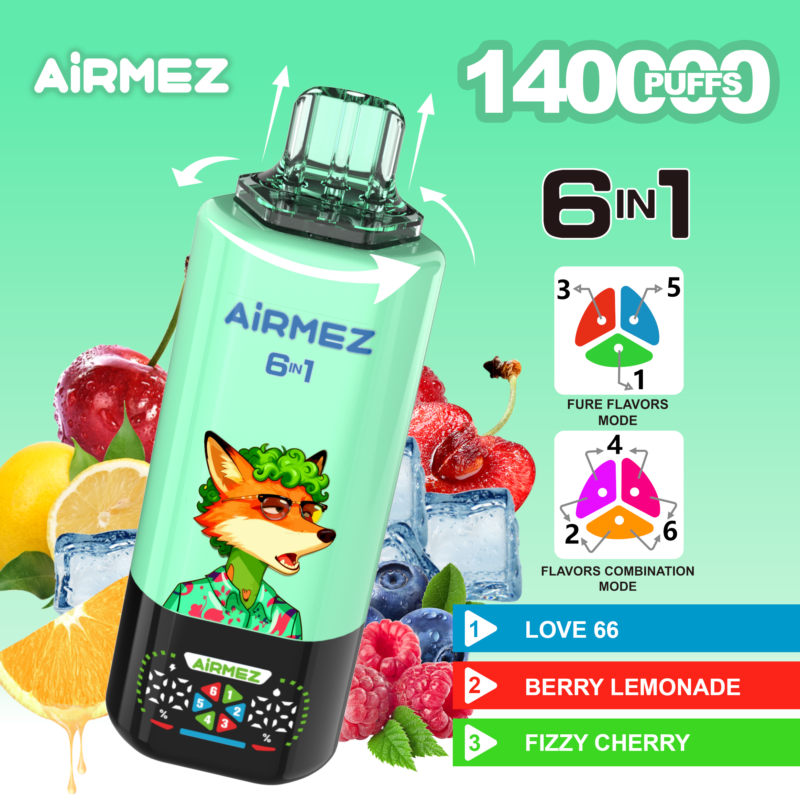 Airmez FOX 6 en 1, 140 000 caladas, sabor 1: Love 66, limonada de frutos del bosque, cereza efervescente