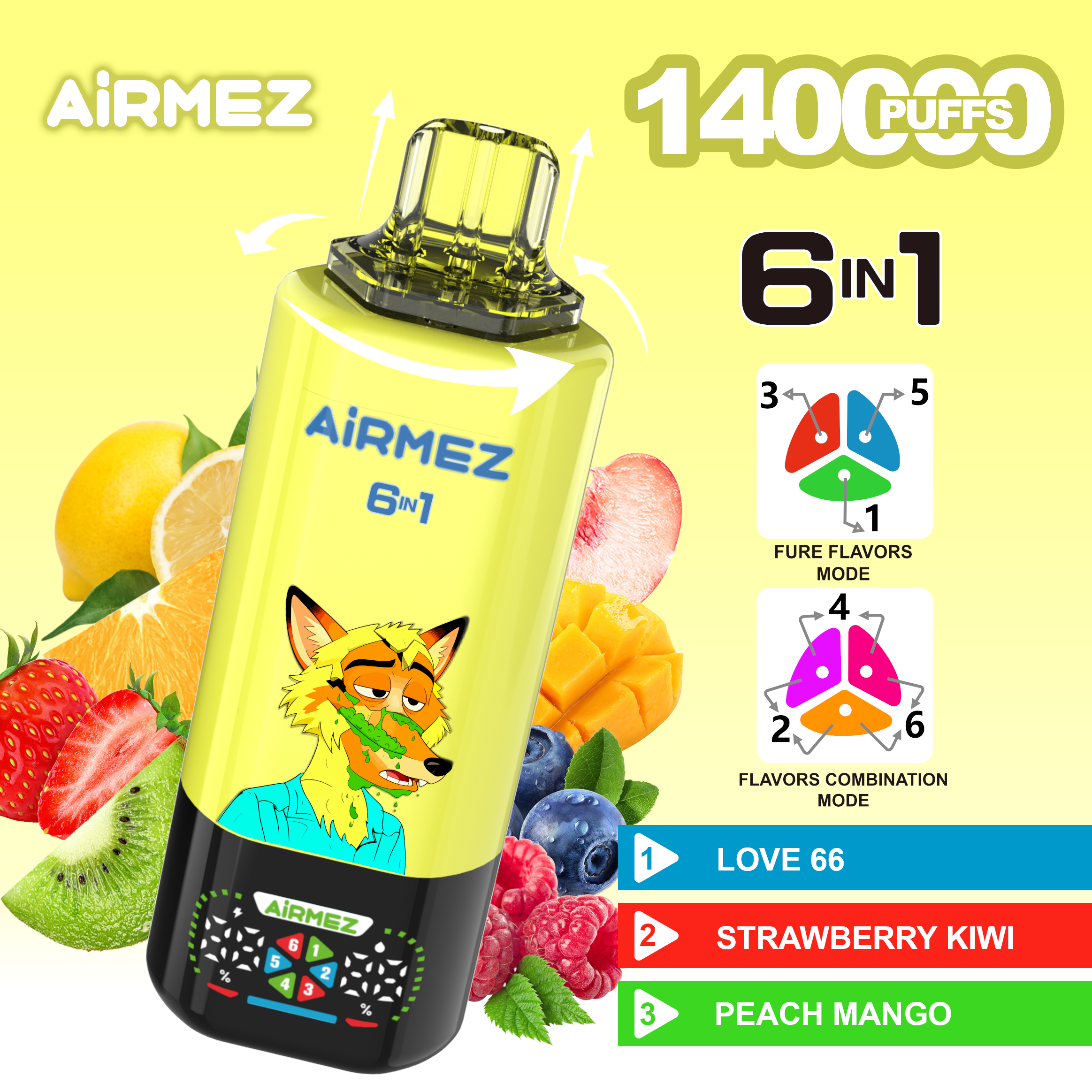 Airmez FOX 6 en 1, 140 000 caladas, sabor 7: Fresa helada, Limonada rosa, Bingo Crush