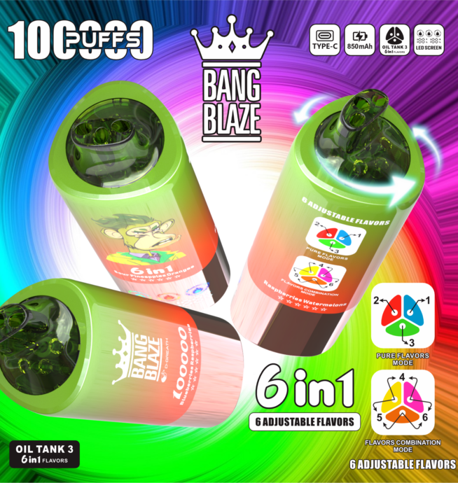 Vape desechable Bang Blaze de 100 000 caladas, 6 sabores en 1: arándanos, frambuesas y piña ácida; naranjas y frambuesas; y sandía - 100vaping