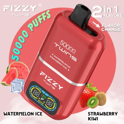 Vape desechable Fizzy Twins 50 000 (50K) caladas, sabor a sandía helada y fresa-kiwi - 100vaping