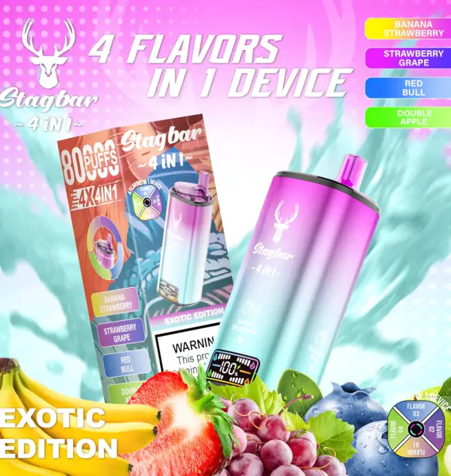 Stag Bar 4 en 1, 80 000 caladas, sabores plátano, fresa, fresa y uva, Red Bull y manzana doble: vaporizador desechable - 100vaping