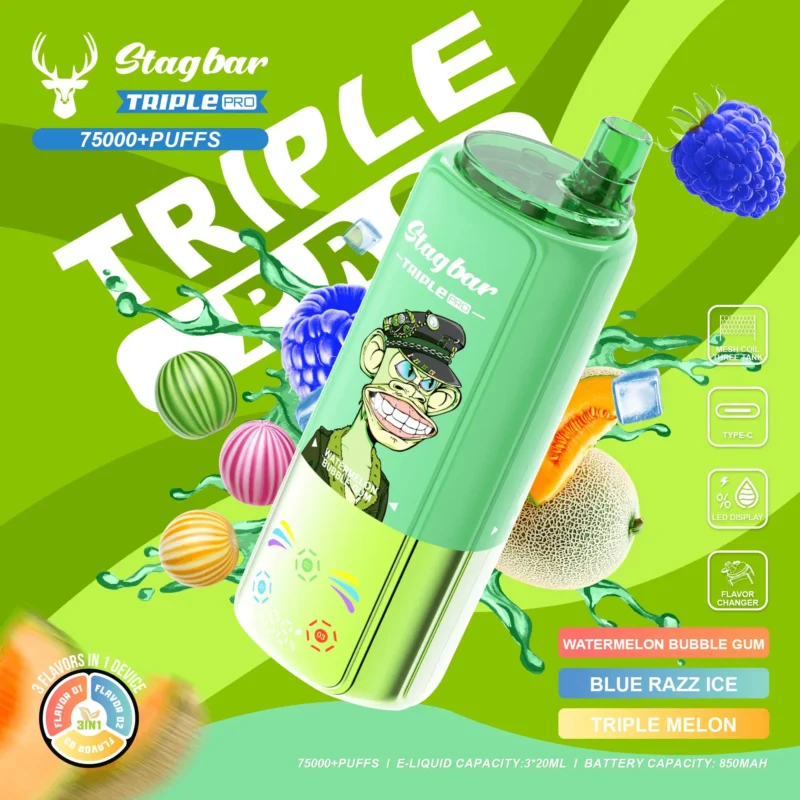 Vape desechable Stagbar Triple Pro de 75 000 caladas con sabores de sandía, chicle de burbujas, Blue Razz, hielo y triple melón - 100vaping