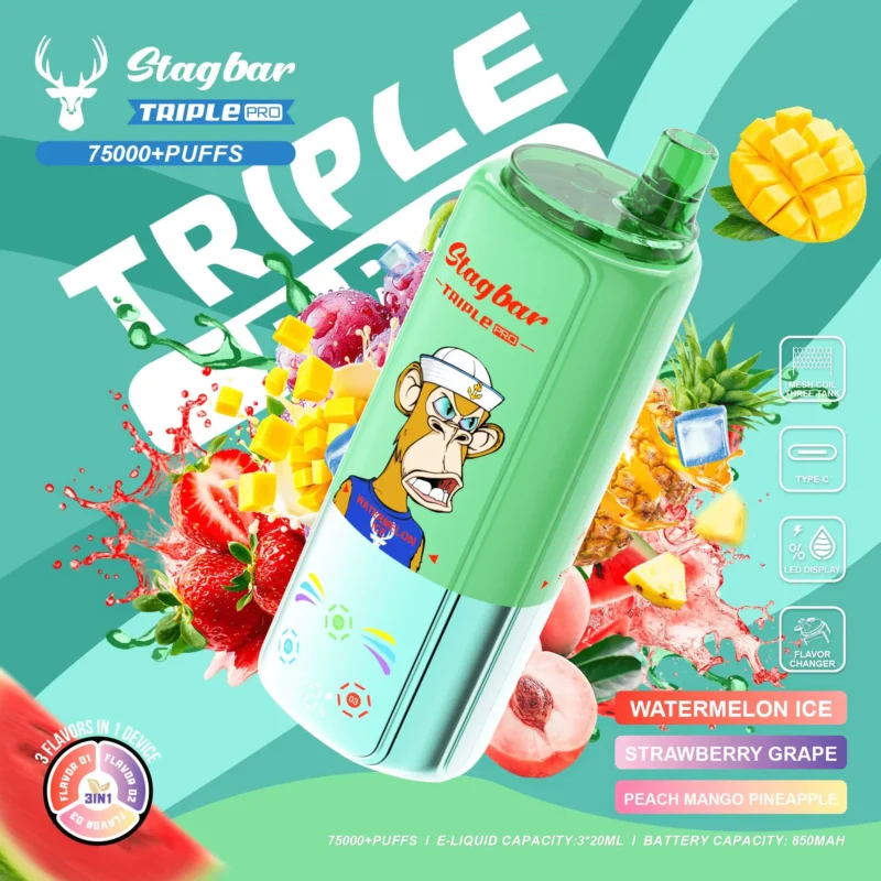 Vapeador desechable Stagbar Triple Pro de 75 000 caladas con sabores de sandía helada, fresa, uva, melocotón, mango y piña - 100vaping
