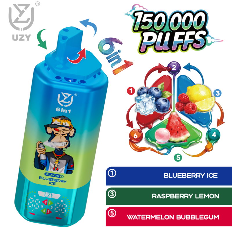 Sabores del vaporizador desechable UZY 6 en 1 con 150 000 caladas: 2. Arándano helado, frambuesa con limón y chicle de sandía