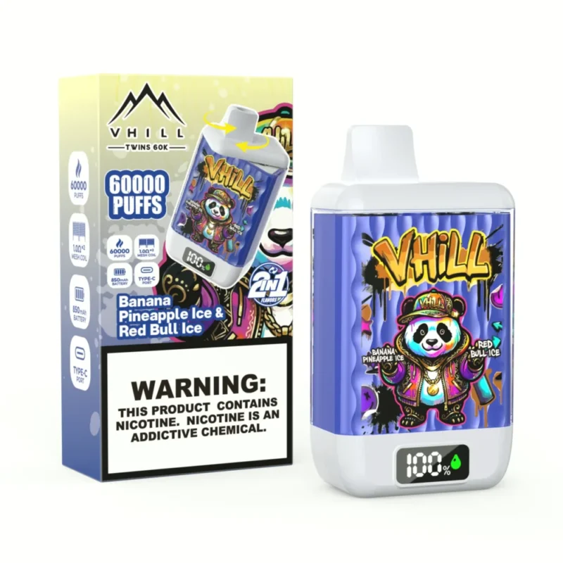VHILL TWINS: vaporizador desechable de 60 000 caladas con sabores de plátano, piña, Red Bull y hielo