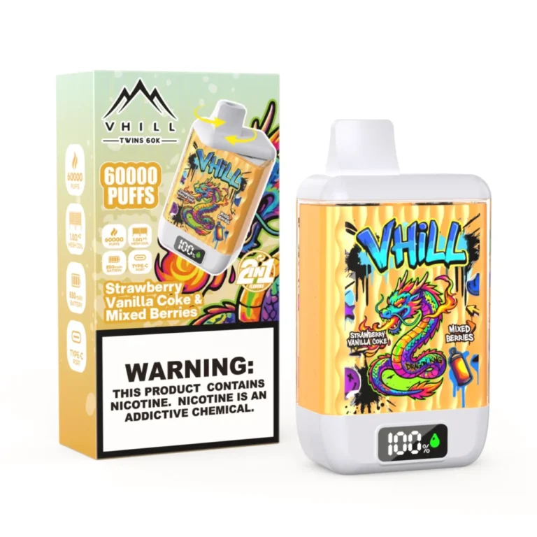 VHILL TWINS: vaporizador desechable de 60 000 caladas con sabores a fresa, vainilla, Coca-Cola y frutos del bosque